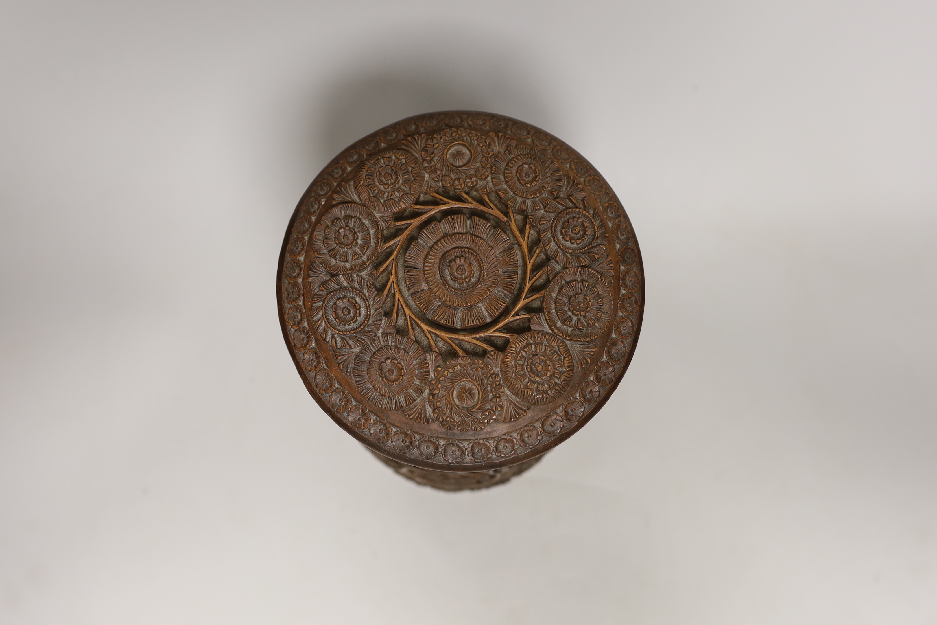 An Indian carved wood humidor and two Chinese brass mounted boxes, tallest 22cm high